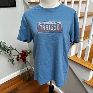 Life is Good Men’s Medium THE BIG 50 license plate design on blue shirt